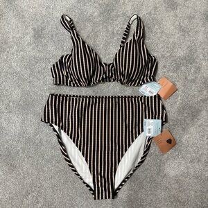 Shade & Shore Black and Tan Striped High-Waist Bikini | 38 DD top and XL bottoms